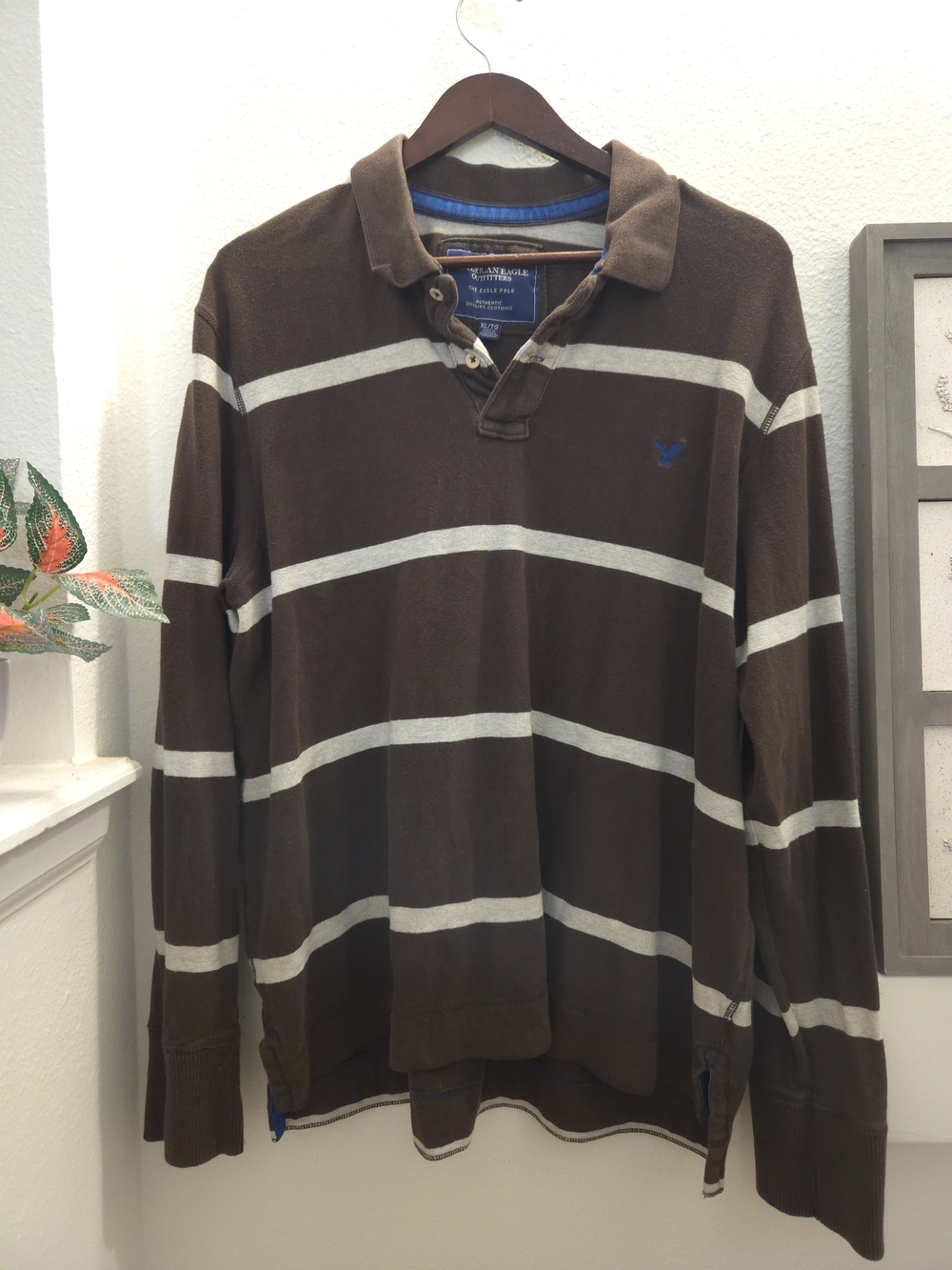 American Eagle Men's Rugby Brown & White Striped Y2K Polo Size XL